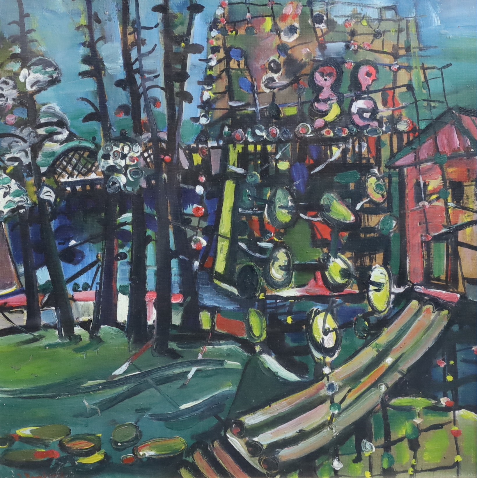 Jacob Bornfriend (Czech, 1904-1976), Stylised landscape with figures on a balcony, oil on board, 47 x 46.5cm.